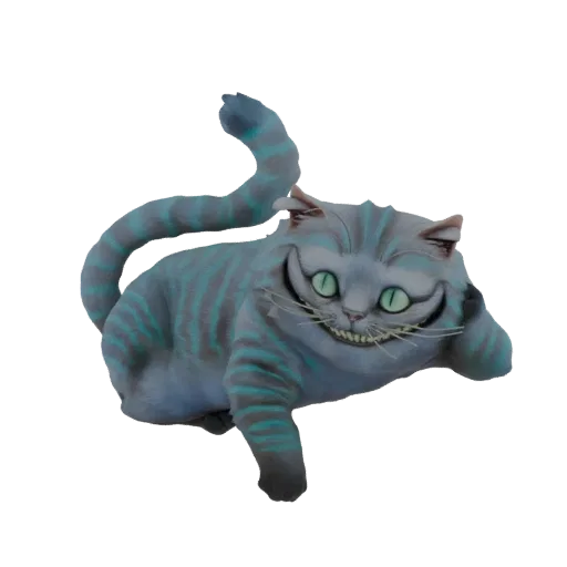 3D model of the Cheshire Cat from Alice in Wonderland, depicted in a relaxed pose with a wide, toothy grin and blue and grey