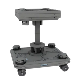 Modelo 3D de plataforma móvil gris con altura regulable, base cuadrada y cuatro ruedas, sobre fondo negro