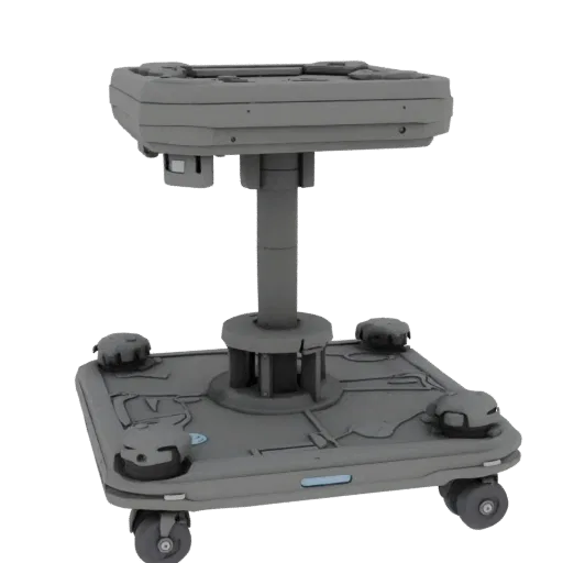3D model of a gray adjustable height mobile platform with a square base and four wheels, on a black background