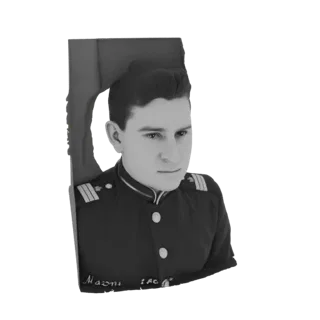 Render de modelo 3D de um busto em escala de cinza de um oficial militar vintage em uniforme, com inscrição detalhada na base