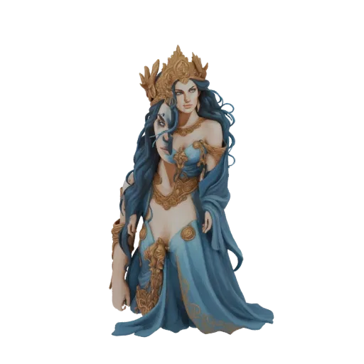 3D model of a two-faced goddess with long blue hair, wearing a golden crown and flowing blue and gold robes.