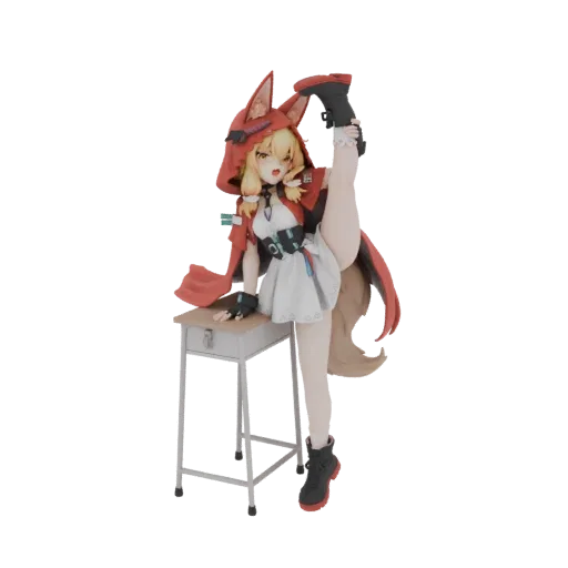 3D model of an anime fox girl in a red hood performing a high kick, leaning on a desk.
