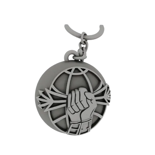3D model render of a 'Fist of the World' keychain, showing a clenched fist breaking through a globe with angular protrusions.
