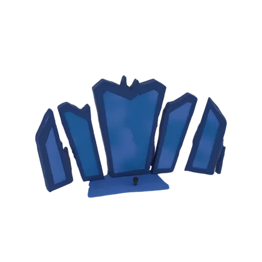 3D model of a stylized blue crystal crown display stand with faceted panels and a central pedestal.