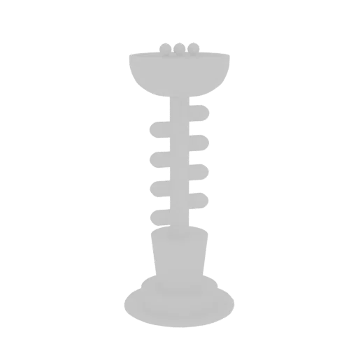 3D model render of a gray abstract sculptural pedestal with a tiered base and three spheres at the top.