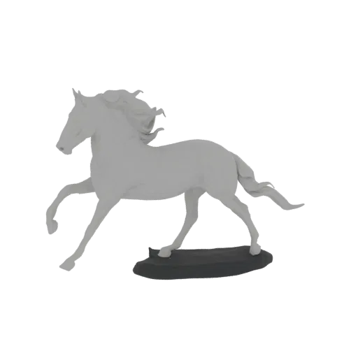 3D model of a gray horse in a galloping pose on a dark base, with its mane and tail flowing.
