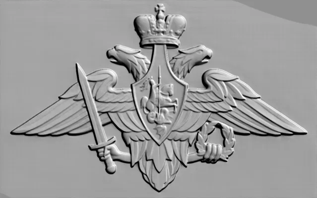 3D model of a bas-relief with a double-headed eagle holding a sword and wreath, on a gray background
