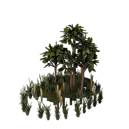 Reed And Cattail Bank Low Poly 3D model, game viewport three-quarter view, showing leaf clusters, terrain detail.