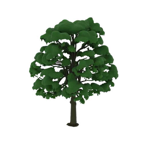 A 3D model of a stylized green tree with a full canopy and brown trunk, set against a black background.