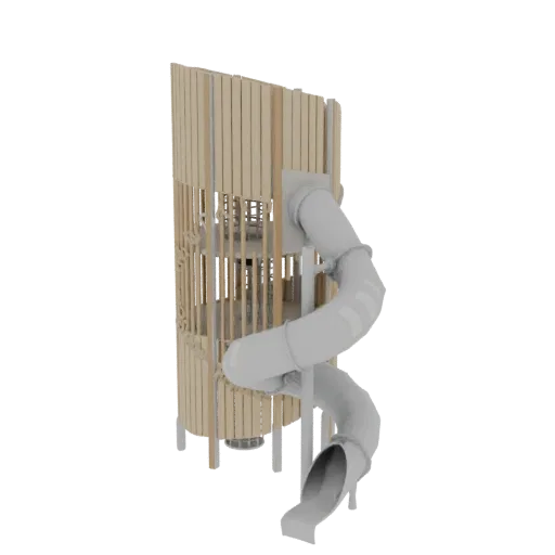 3D-Modell eines modernen Holz-Spielturms mit vertikalen Lamellen und grauer Röhrenrutsche vor weißem Hintergrund.
