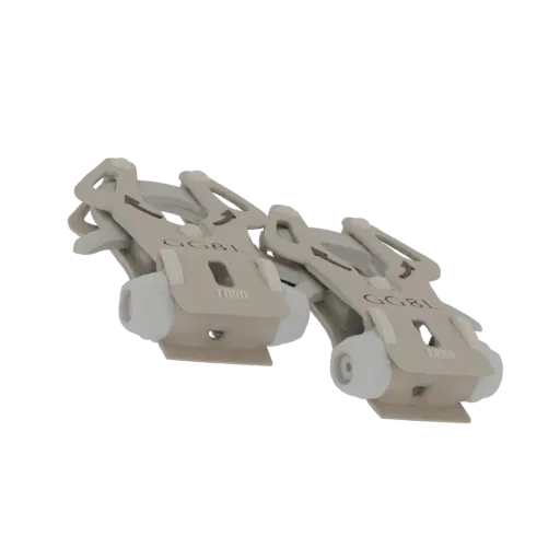 3D model of a pair of beige and white ski bindings, viewed from a slight angle.