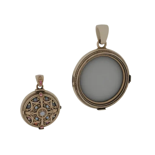 Ornate Locket product viz 3D model, close-up hero shot, with clean topology and PBR shading on the pendant.
