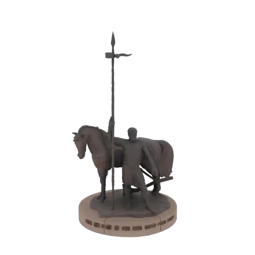 3D model of a warrior holding a spear, standing next to a horse on a circular base with inscription.