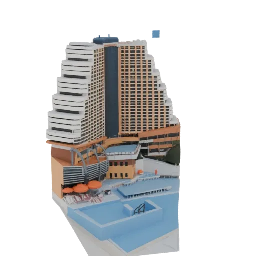 Modèle 3D d'un complexe hôtelier moderne avec bâtiments en gradins, piscines et espaces de détente.