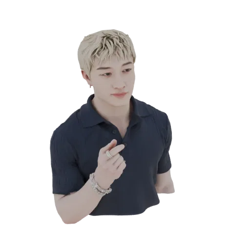 Modello 3D di un idol K-Pop con capelli biondi, che indossa una polo blu scuro, mentre esegue il gesto del cuore con le dita.