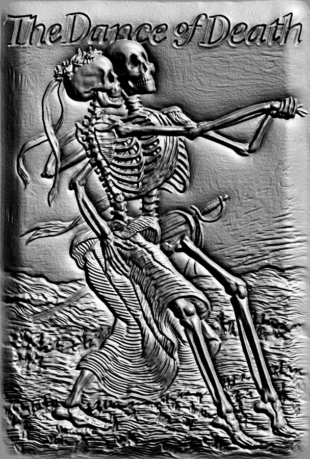 3D model of "Dance of Death" bas-relief with two dancing skeletons in a macabre style