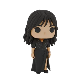 Modèle 3D d'une figurine Funko Pop portant une robe noire scintillante avec une fente jusqu'à la cuisse, sur fond blanc.