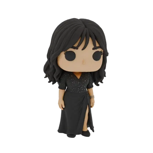 Modelo 3D de una figura Funko Pop con un vestido negro brillante y abertura hasta el muslo, sobre un fondo blanco.