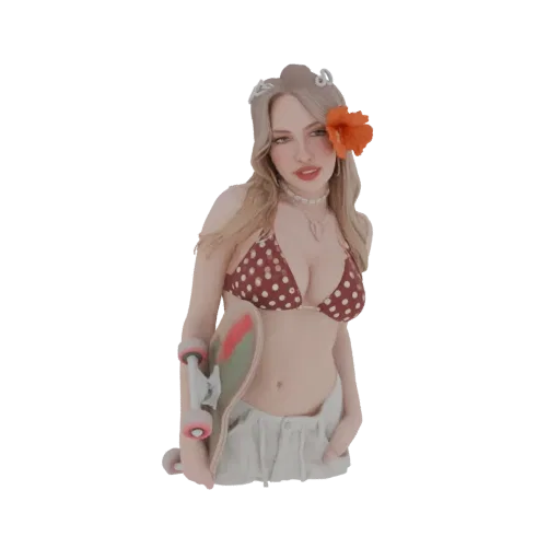 3D model of a young skater girl with blonde hair, wearing a polka-dot bikini and shorts, holding a skateboard, and a flower i