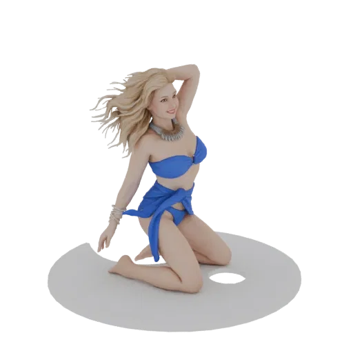 3D model of a blonde pin-up girl kneeling in a blue bikini, wearing a large necklace and bracelets, with her hand on her head