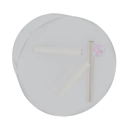 3D model of an abstract sculpture with three intersecting white rods and a small, colorful iridescent sphere on top.
