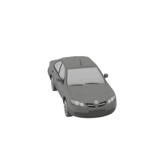 3D-Modell einer grauen Limousine, aus einem leicht erhöhten vorderen linken Winkel betrachtet, vor einem weißen Hintergrund.