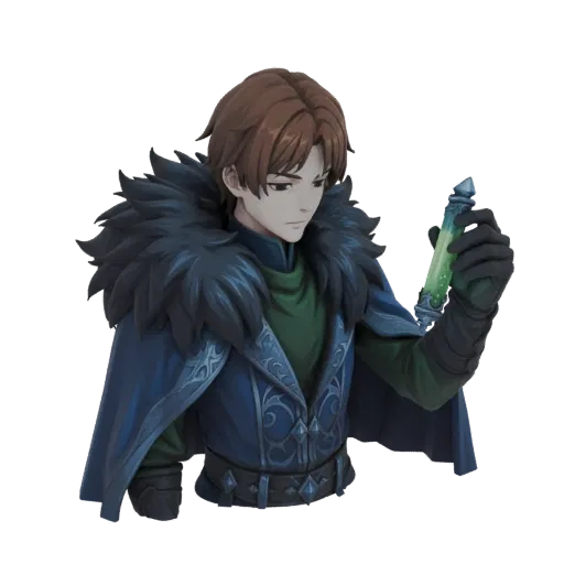 3D model of a fantasy alchemist with brown hair, wearing a blue cloak and holding a glowing green potion.