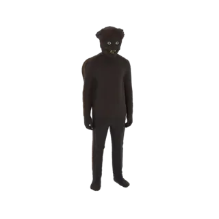 Modello 3D di una creatura oscura e inquietante con un ampio ghigno feroce e occhi vuoti, in piedi.