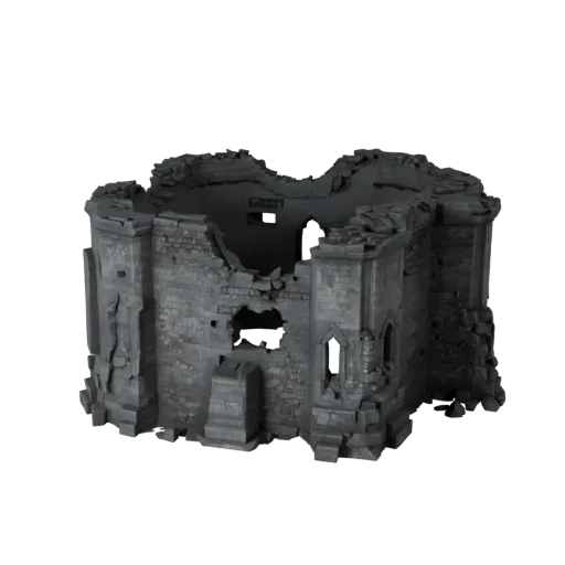 Ruined Tower Base High Poly 3D model, close-up cinematic environment render, showing aged stone, built remnants.