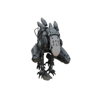 A detailed 3D model of a menacing cybernetic raptor with metallic claws and armor, posed aggressively on a white background.