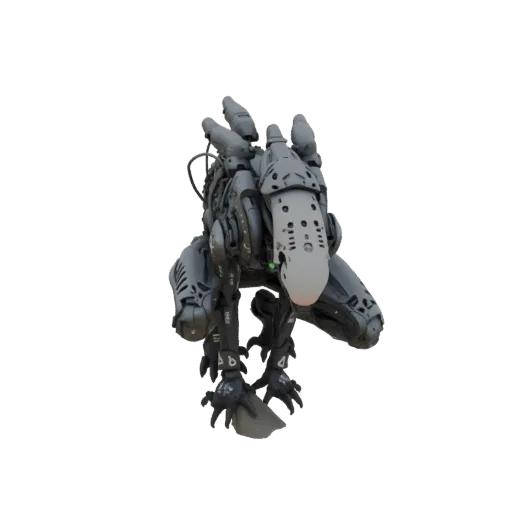 A detailed 3D model of a menacing cybernetic raptor with metallic claws and armor, posed aggressively on a white background.