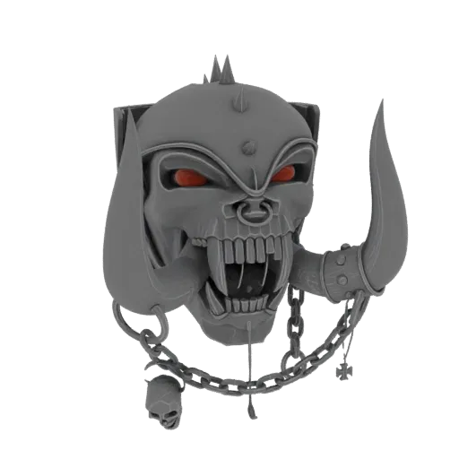 3D model of Lemmy Kilmister's skull with red eyes, fangs, and chains, rendered in gray.