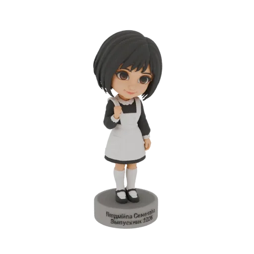 3D model of a schoolgirl bobblehead figurine wearing a black dress and white apron, standing on a grey base with text.