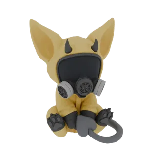 3D model of a cute yellow fox creature wearing a gas mask and devil horns, sitting with paws forward and tail curled.