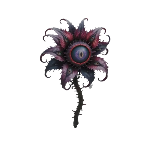 Modelo 3D de uma flor monstruosa Flor Ocular Abissal Eldritch com um olho central grande e olhos menores em pétalas espinhosa