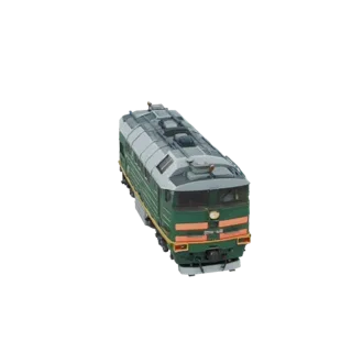 Ein 3D-Render einer grünen Diesellokomotive mit orangen Akzenten, aus einem leicht erhöhten Winkel betrachtet.