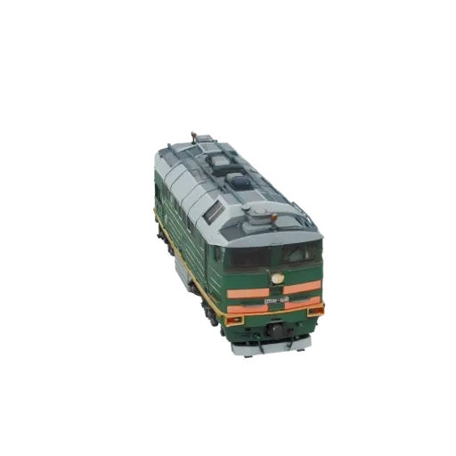 A 3D render of a green diesel locomotive with orange accents, viewed from a slightly elevated angle.