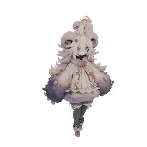 3D model of a fluffy ram creature with large horns, red eyes, and a detailed, layered outfit, rendered against a white backgr