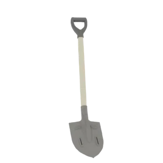 Rendu 3D d'une bêche de jardin avec une poignée grise en forme de D et une lame métallique grise, sur fond blanc.