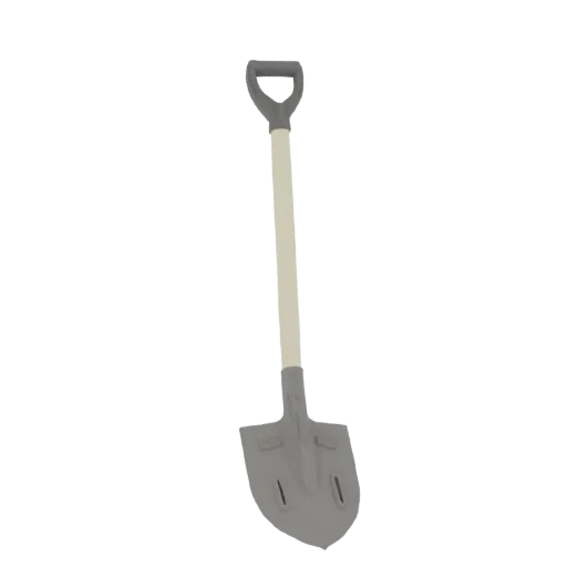 A 3D render of a garden spade with a grey D-shaped handle and a grey metal blade, set against a white background.
