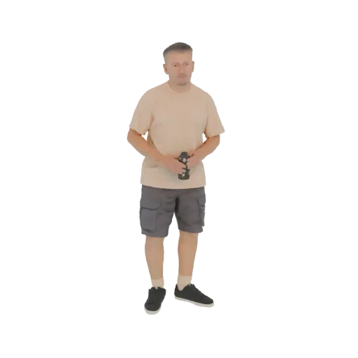 3D model of a man wearing a light peach t-shirt and grey shorts, holding a black water bottle.