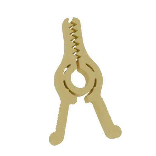 3D model of a beige plastic clamp with serrated jaws and a circular opening in the center.