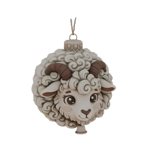 3D model of a cute sheep Christmas ornament with fluffy wool texture, large eyes, and curved horns, hanging from a string.