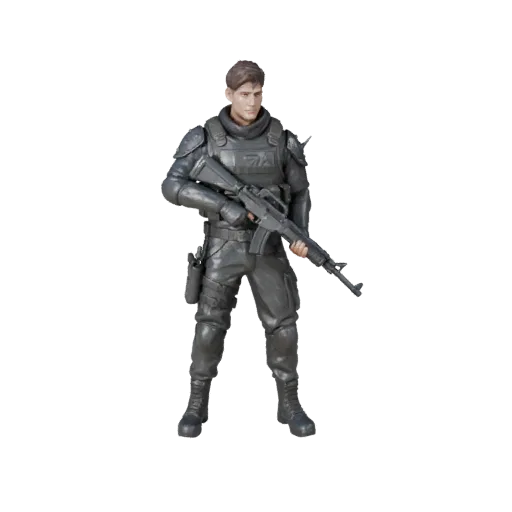 Personagem 3D Soldado NPC de Assalto Fantasia, vista do viewport do motor, ativo pronto para animação com pose em pé; rifle,