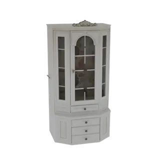 3D model render of a white corner display cabinet with glass doors and drawers, set against a white background.