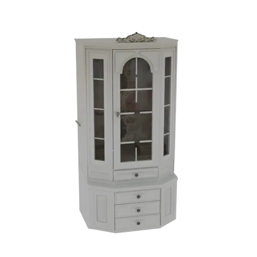 3D model render of a white corner display cabinet with glass doors and drawers, set against a white background.