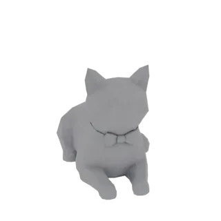 Ein 3D-Render einer stilisierten grauen Katze mit Fliege, die in entspannter Pose vor weißem Hintergrund sitzt.
