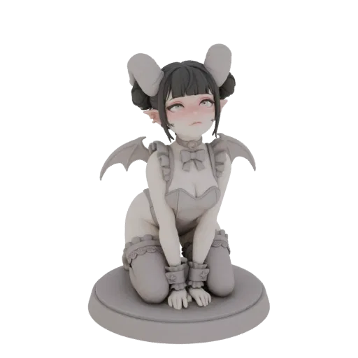 3D model of a kneeling demon girl with grey skin, black hair styled in buns, bat wings, and horns, wearing a maid-like outfit