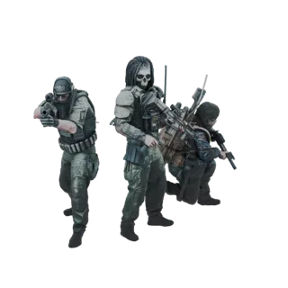 3D-Modell von drei Sci-Fi-Soldaten, inspiriert vom Predator, einer in der Mitte mit Totenkopfmaske, der ein Gewehr hält.