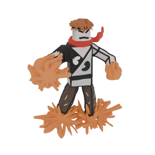 3D model of a stylized warrior character with orange fire effects around its hands and feet, wearing a red scarf and black an